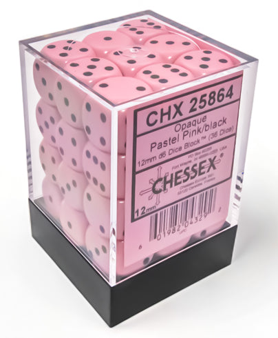 Opaque: Pastel Pink/black 12mm D6 Dice Block (36)