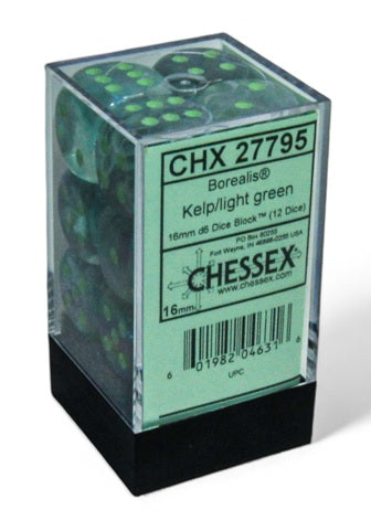 Borealis: Kelp/light green Luminary 16mm D6 Dice Block (12)