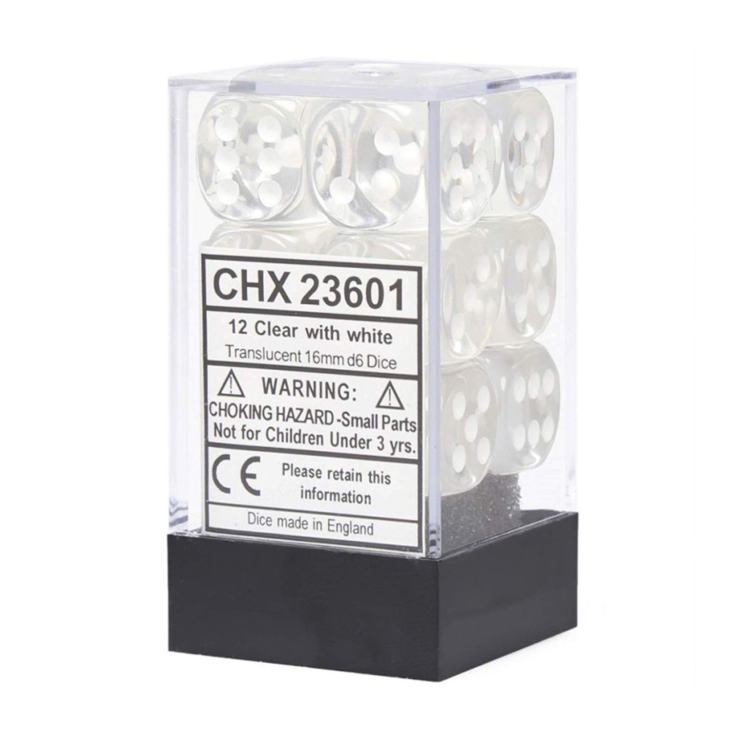 Translucent: Clear/White 16mm D6 Dice Block (12)