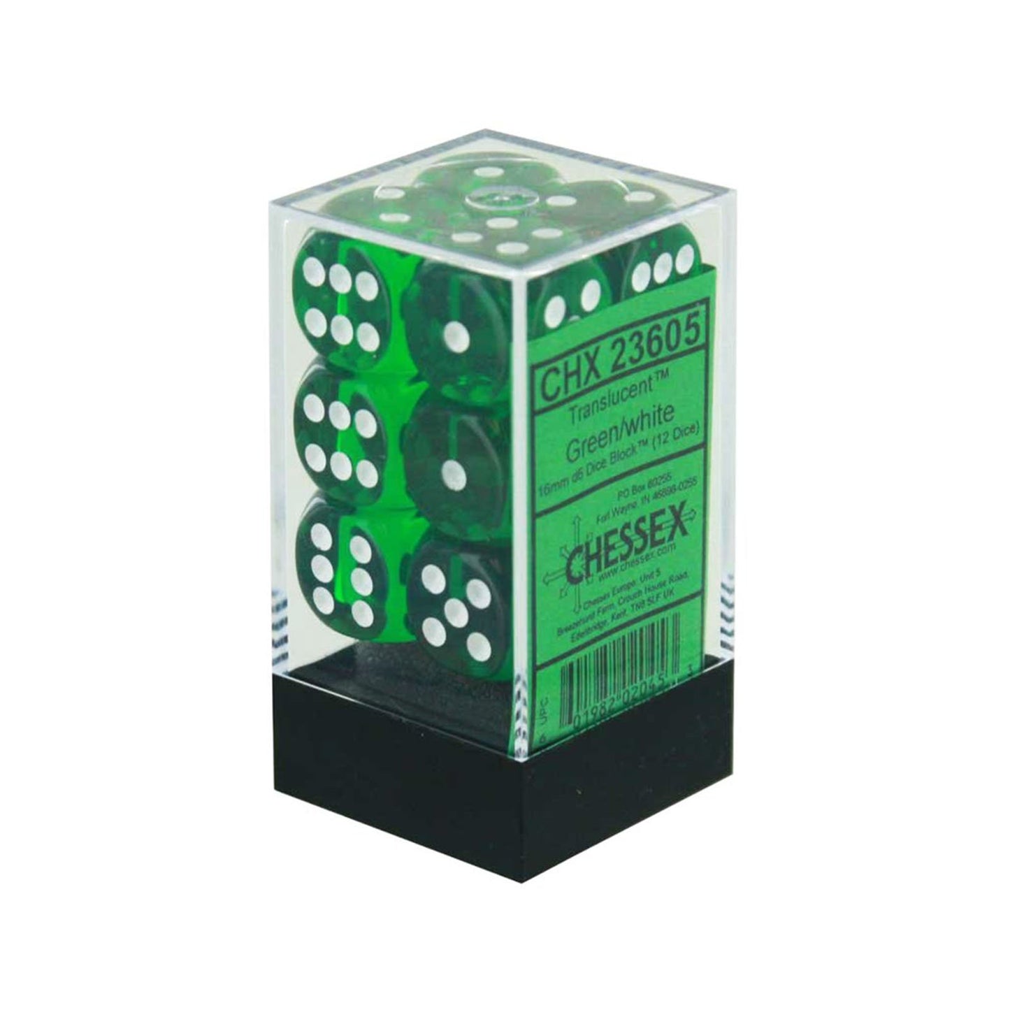 Translucent: Green/White 16mm D6 Dice Block (12)