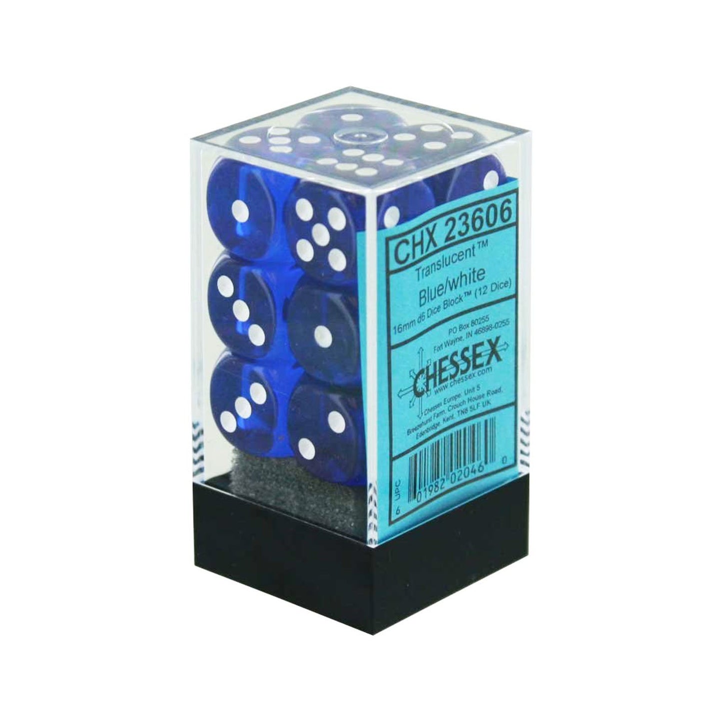 Translucent: Blue/White 16mm D6 Dice Block (12)