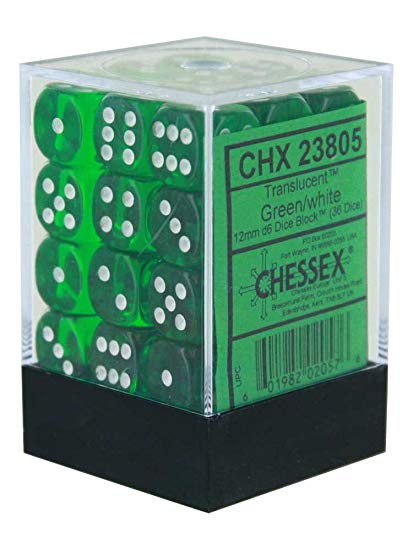 Translucent: Green/White 12mm D6 Dice Block (36)
