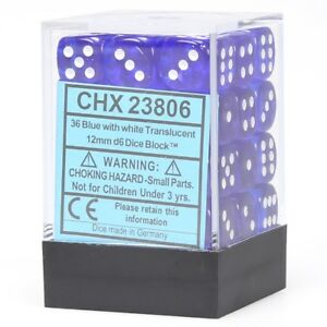 Translucent: Blue/White 12mm D6 Dice Block (36)