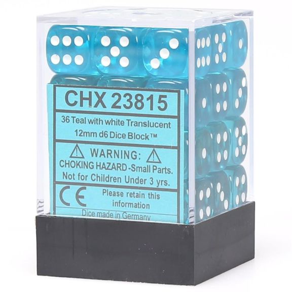 Translucent: Teal/White 12mm D6 Dice Block (36)