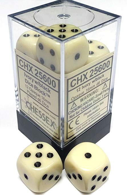 Opaque: Ivory/Black 16mm D6 Dice Block (12)