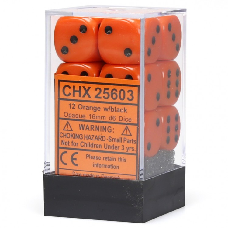 Opaque: Orange/Black 16mm D6 Dice Block (12)