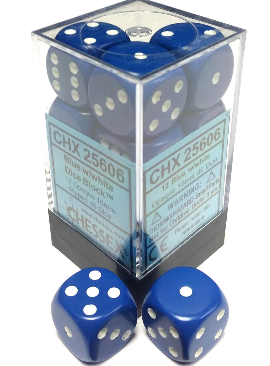 Opaque: Light Blue/White 16mm D6 Dice Block (12)