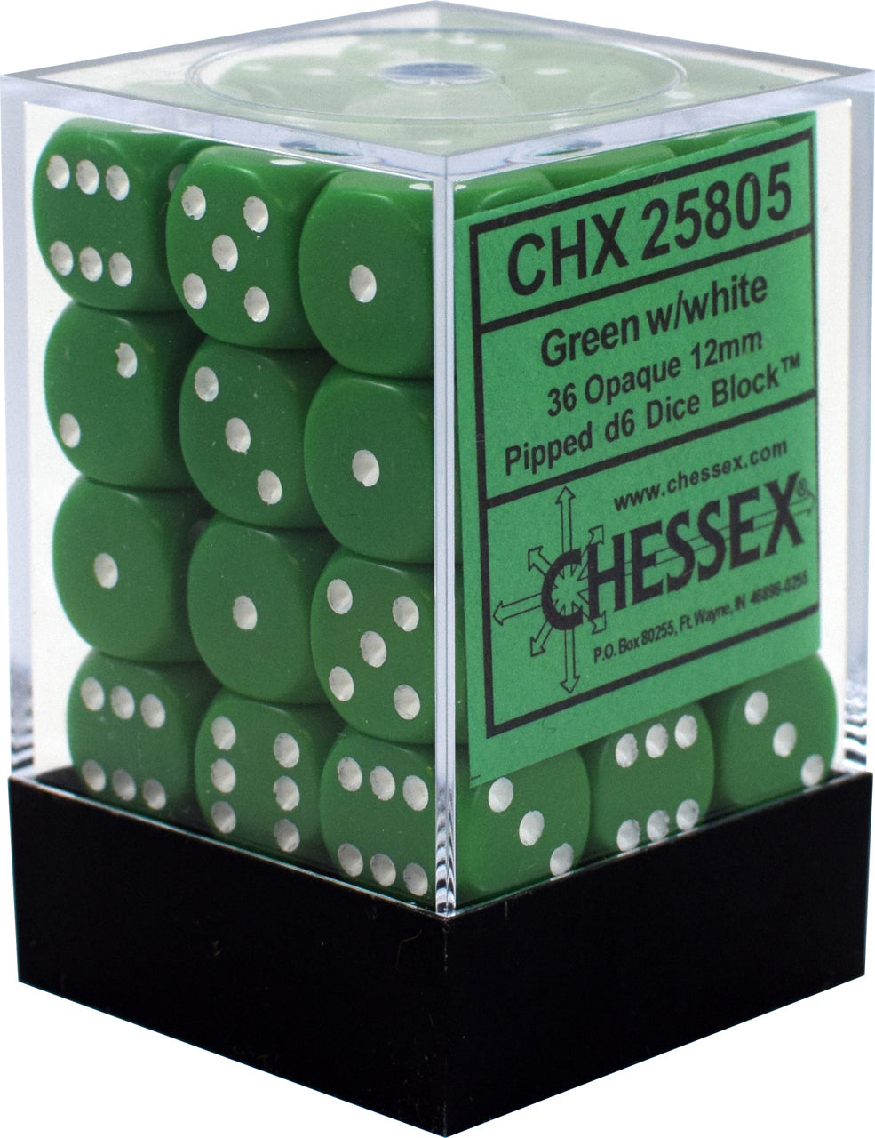Opaque: Green/White 12mm D6 Dice Block (36)