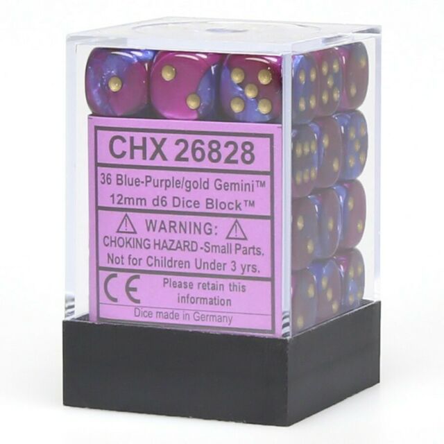 Gemini: Blue-Purple/Gold 12mm D6 Dice Block (36)