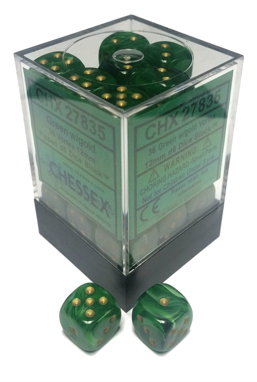 Vortex: Green/Gold 12mm D6 Dice Block (36)