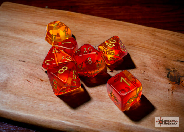 Gemini: Translucent Red-Yellow/gold Polyhedral 7-Dice Set