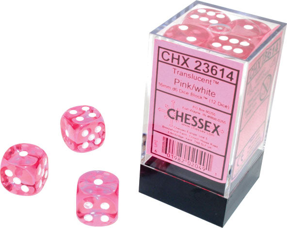 Translucent: Pink/White 16mm D6 Dice Block (12)