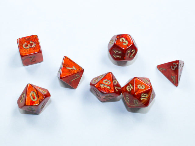 Scarab: Scarlet/gold Mini-Polyhedral 7-Die Set