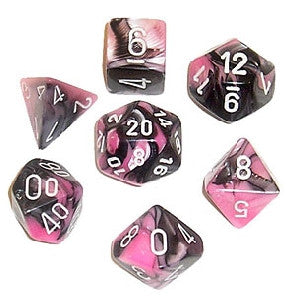 Gemini: Black-Pink/white Mini-Polyhedral 7-Die Set