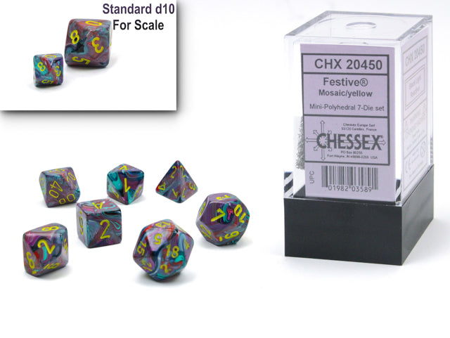 Festive: Mosaic/yellow Mini-Polyhedral 7-Die set