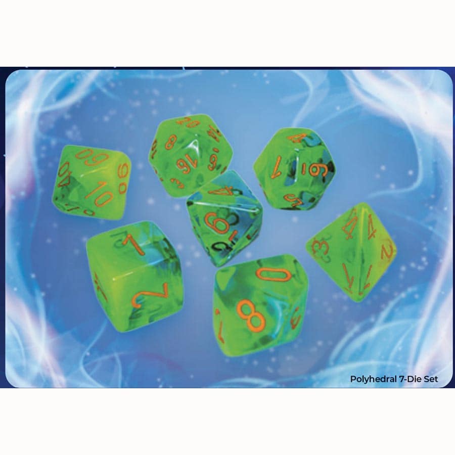 Gemini: Plasma Green-Teal/orange Luminary Polyhedral 7-Dice Set