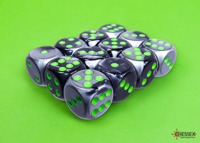 Gemini: Black Gray/Green 16mm D6 Dice Block (12)