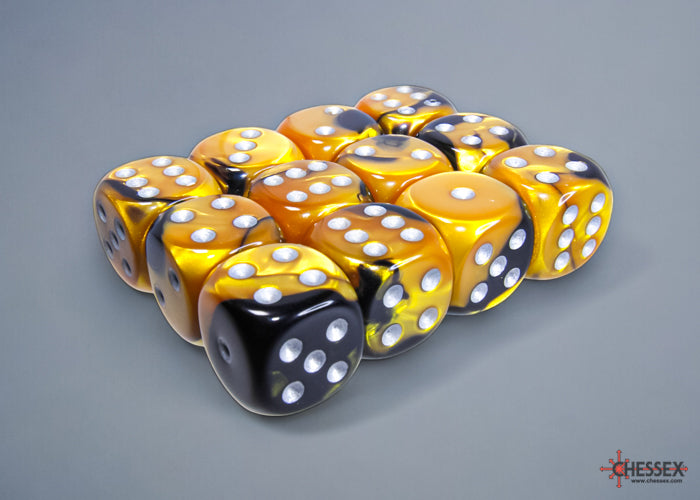 Gemini: Black Gold/Silver 16mm D6 Dice Block (12)