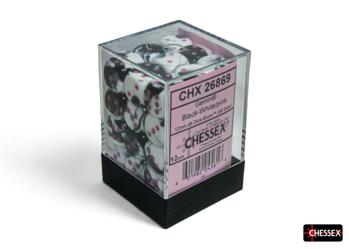 Gemini: Black-White/Pink 12mm D6 Dice Block (36)