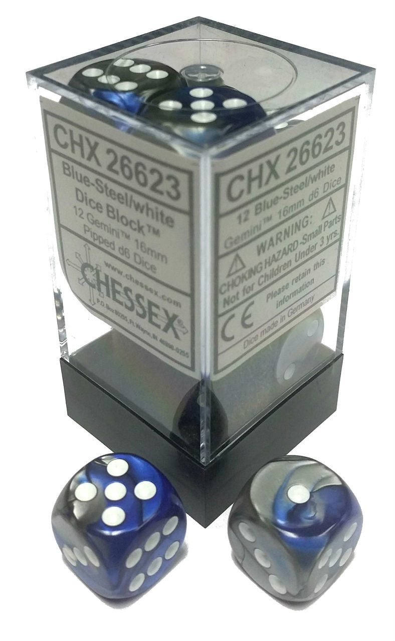 Gemini: Blue Silver/White 16mm D6 Dice Block (12)