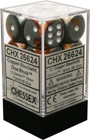 Gemini: Copper Steel/White 16mm D6 Dice Block (12)
