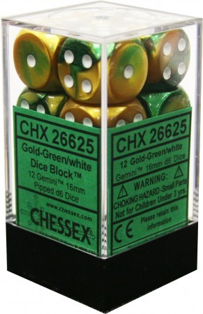 Gemini: Gold Green/White 16mm D6 Dice Block (12)