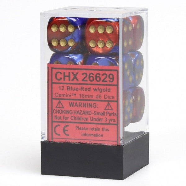 Gemini: Blue Red/Gold 16mm D6 Dice Block (12)