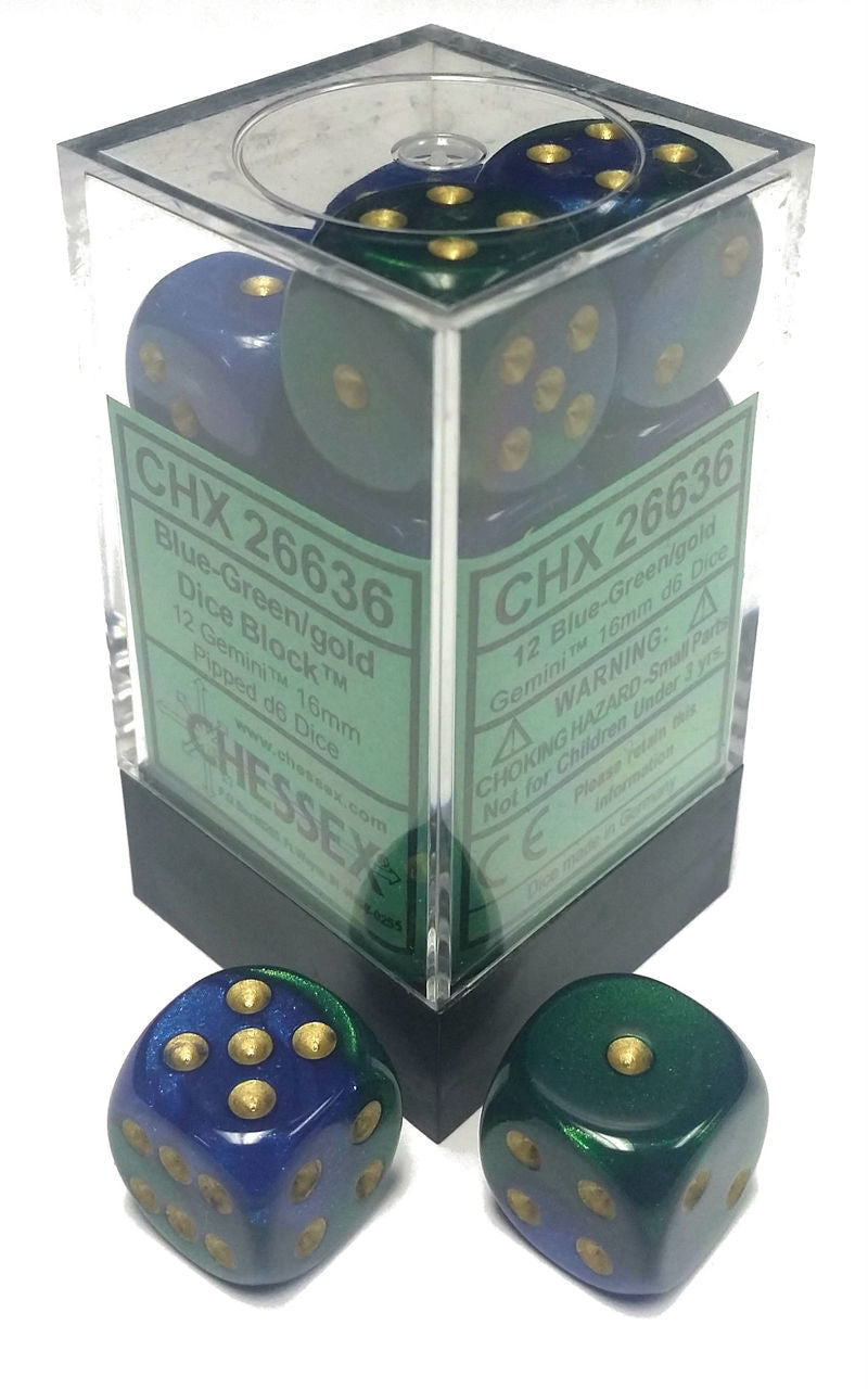 Gemini: Blue Green Gold/Black 16mm D6 Dice Block (12)