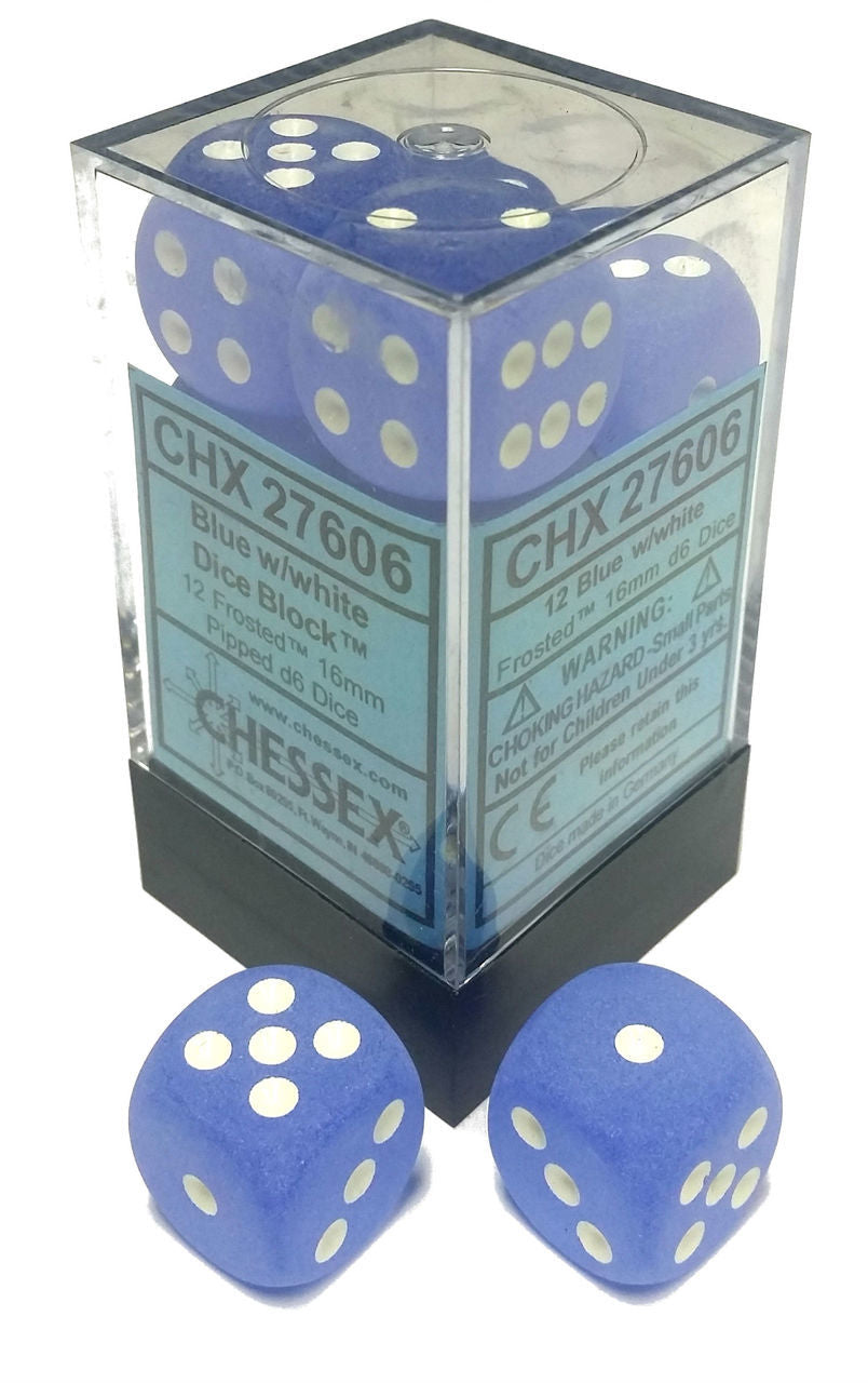 Frosted: Blue/White 16mm D6 Dice Block (12)