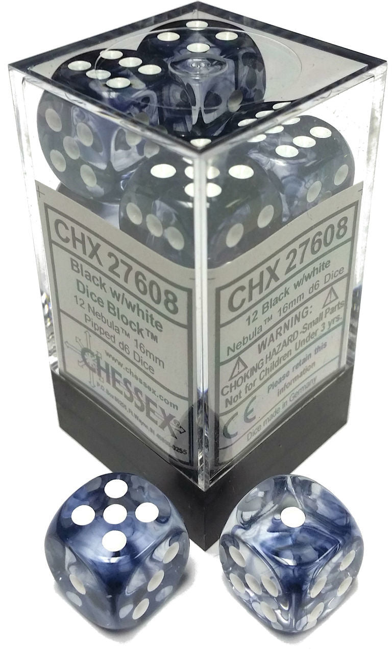 Nebula: Black/White Block 16mm D6 Dice Block (12)