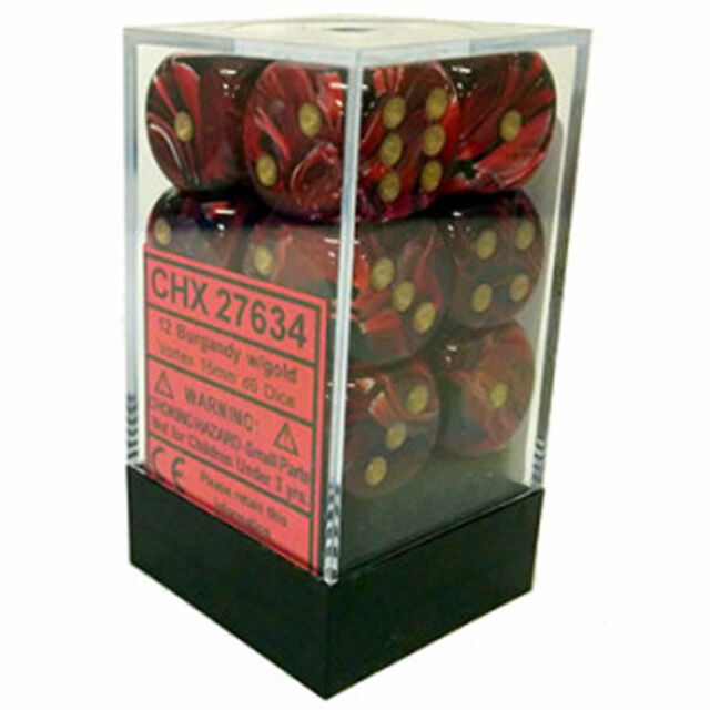 Vortex: Burgundy/Gold/Black 16mm D6 Dice Block (12)