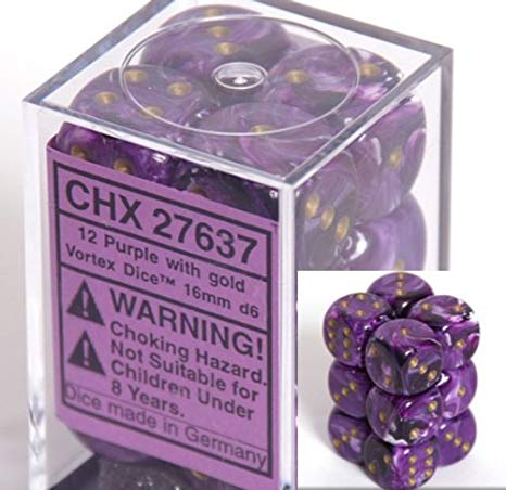Vortex: Purple/Gold/Black 16mm D6 Dice Block (12)