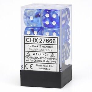 Nebula: Dark Blue/White/Black 16mm D6 Dice Block (12)