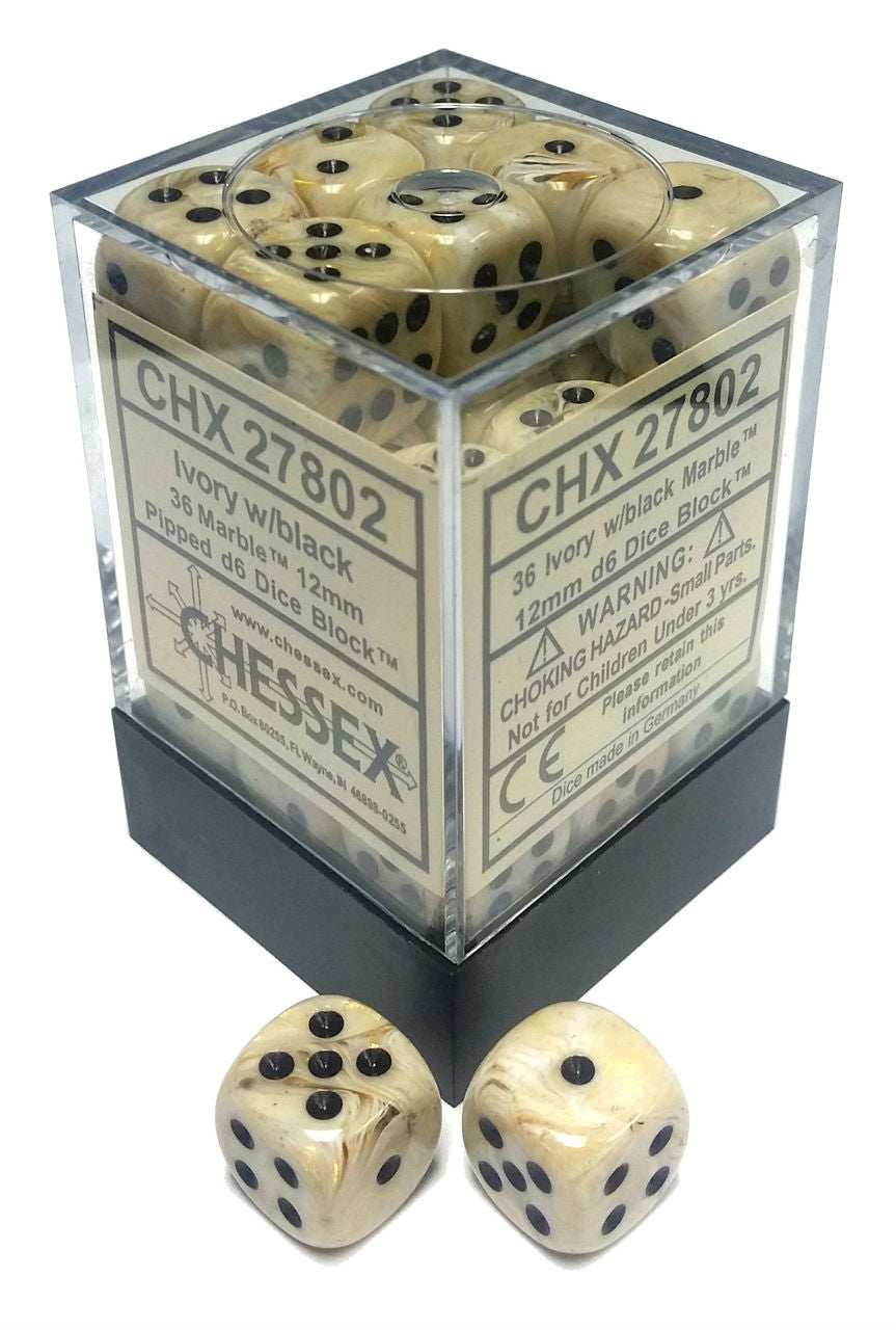 Marble: Ivory/Black 12mm D6 Dice Block (36)