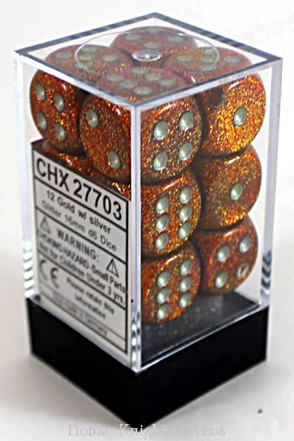 Glitter: Gold/Silver 16mm D6 Dice Block (12)