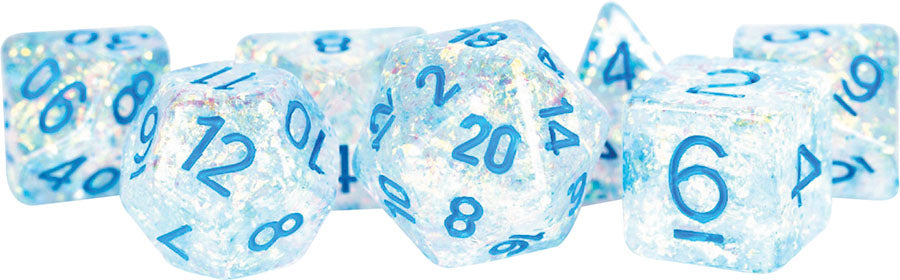 16mm Resin Flash Dice Poly Set: Clear/Light Blue Numbers (7)