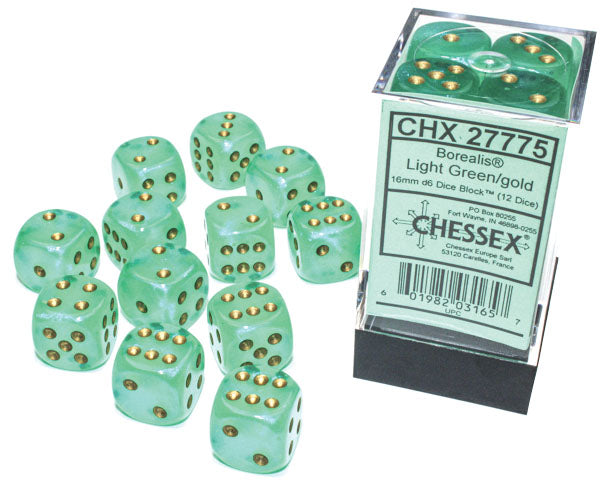 Borealis: Light Green/gold Luminary 16mm D6 Dice Block (12)