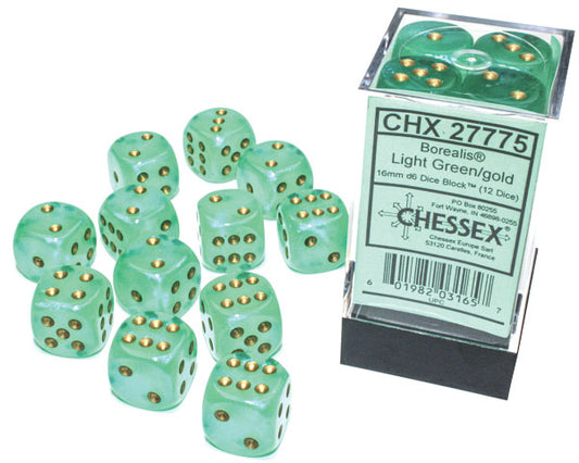 Borealis: Light Green/gold Luminary 16mm D6 Dice Block (12)