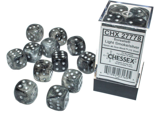 Borealis: Light Smoke/silver Luminary 16mm D6 Dice Block (12)