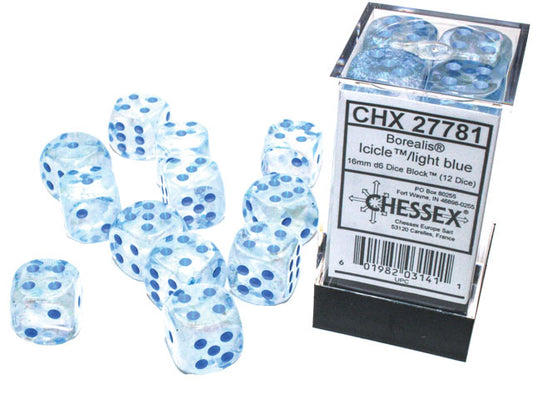 Borealis: Icicle/light blue Luminary 16mm D6 Dice Block (12)