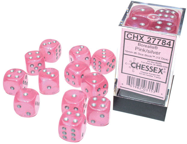 Borealis: Pink/silver Luminary 16mm D6 Dice Block (12)