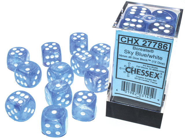 Borealis: Sky Blue/white Luminary 16mm D6 Dice Block (12)
