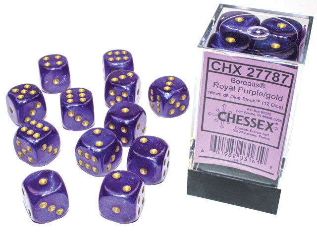 Borealis: Royal Purple/gold Luminary 16mm D6 Dice Block (12)