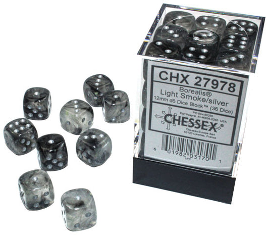 Borealis: Light Smoke/silver Luminary 12mm D6 Dice Block (36)