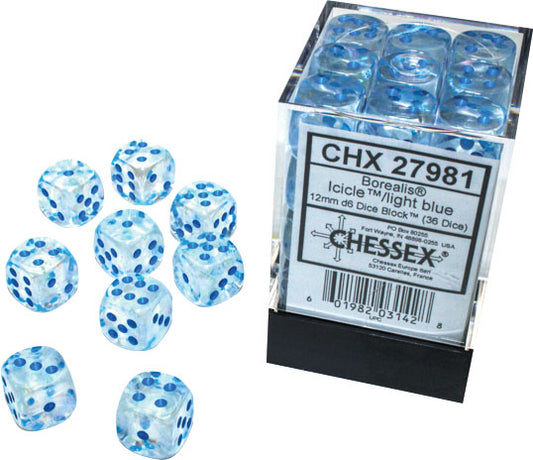 Borealis: Icicle/light blue Luminary 12mm D6 Dice Block (36)