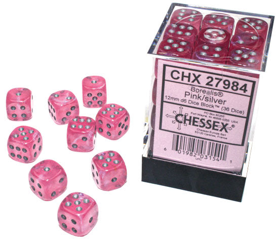 Borealis: Pink/silver Luminary 12mm D6 Dice Block (36)