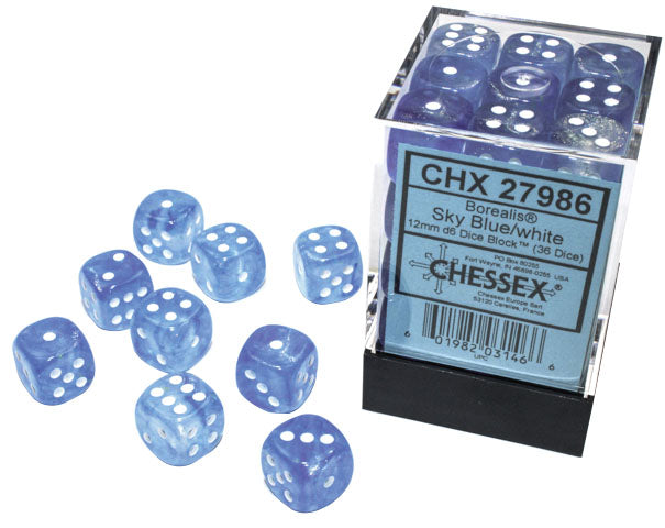 Borealis: Sky Blue/white Luminary 12mm D6 Dice Block (36)