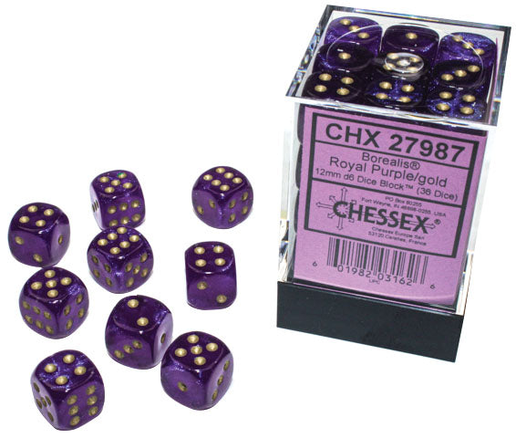 Borealis: Royal Purple/gold Luminary 12mm D6 Dice Block (36)