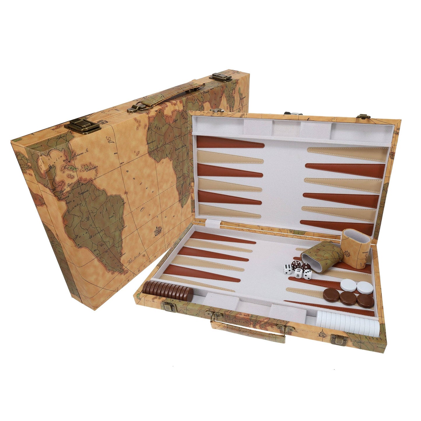 Tan Map Style Leatherette Backgammon Set, 14.75 x 9.75 in.