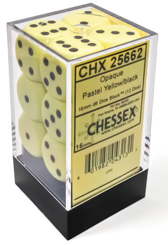 Opaque: Pastel Yellow/black 16mm D6 Dice Block (12)